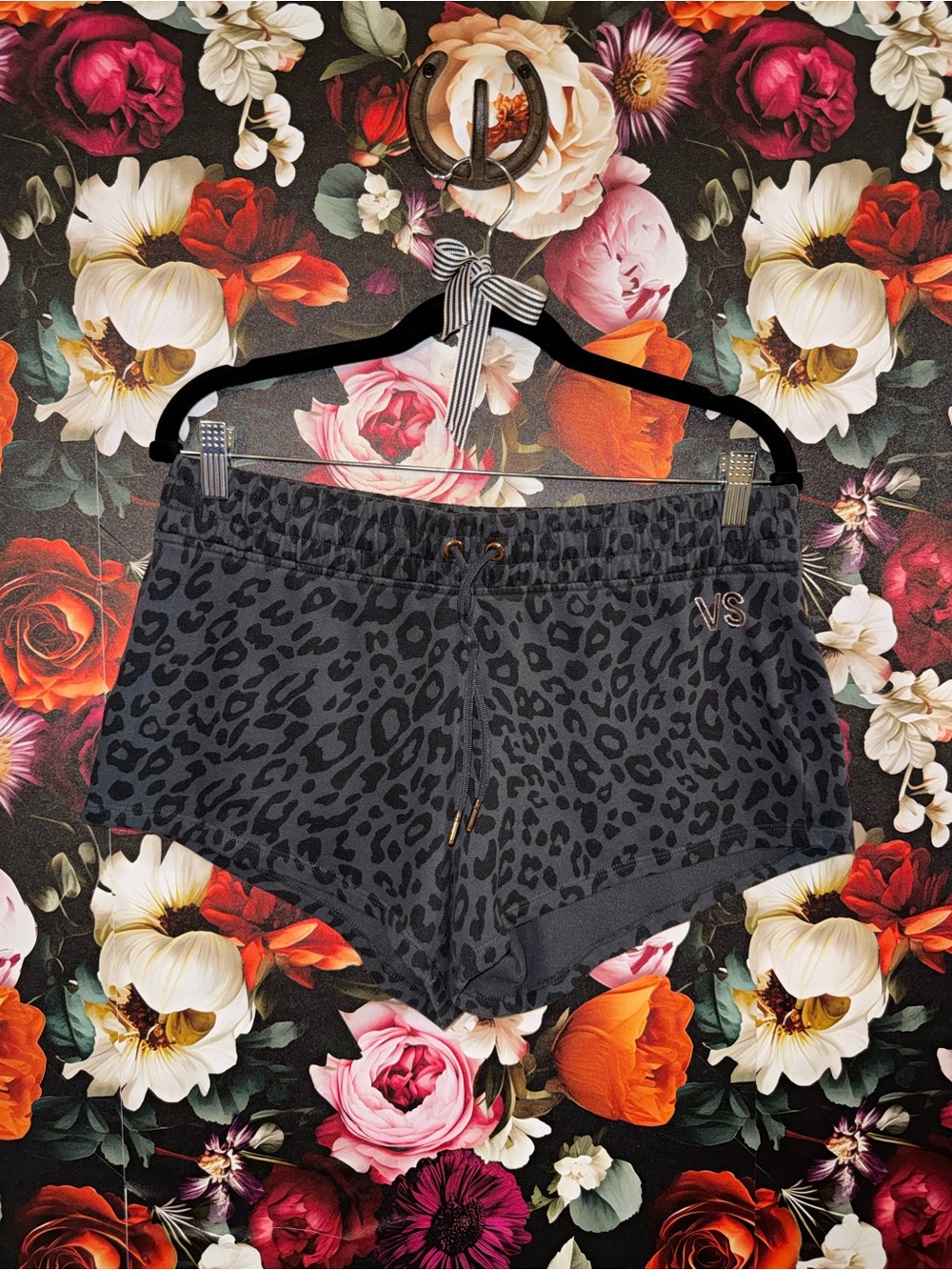 Victoria's Secret Charcoal Leopard Print Athletic Shorts with Rose Gold Logo, M